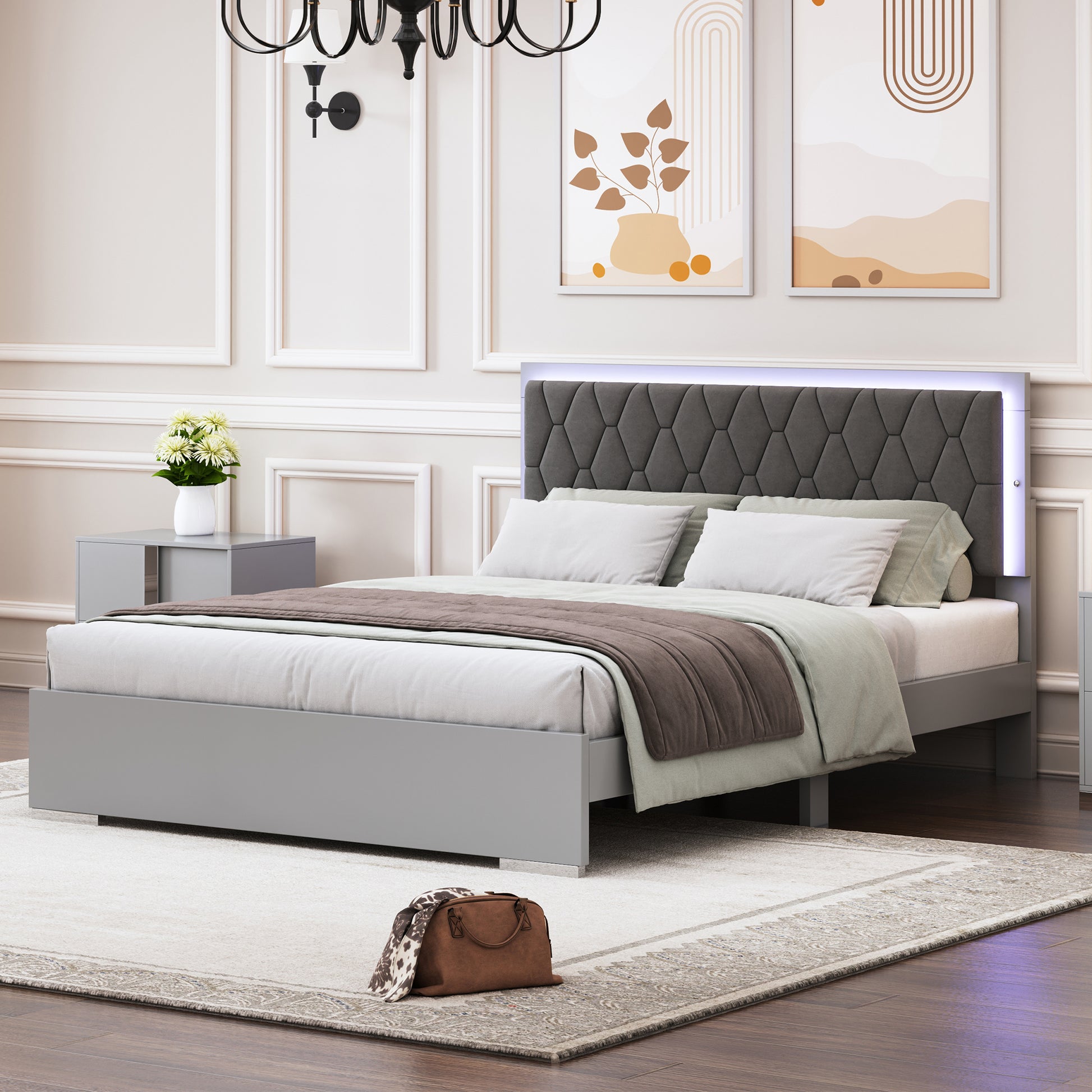 Queen Size Upholstered Bed With Led Lights,Modern Platform Bed With Velvet Headboard,Grey Queen Grey Mdf