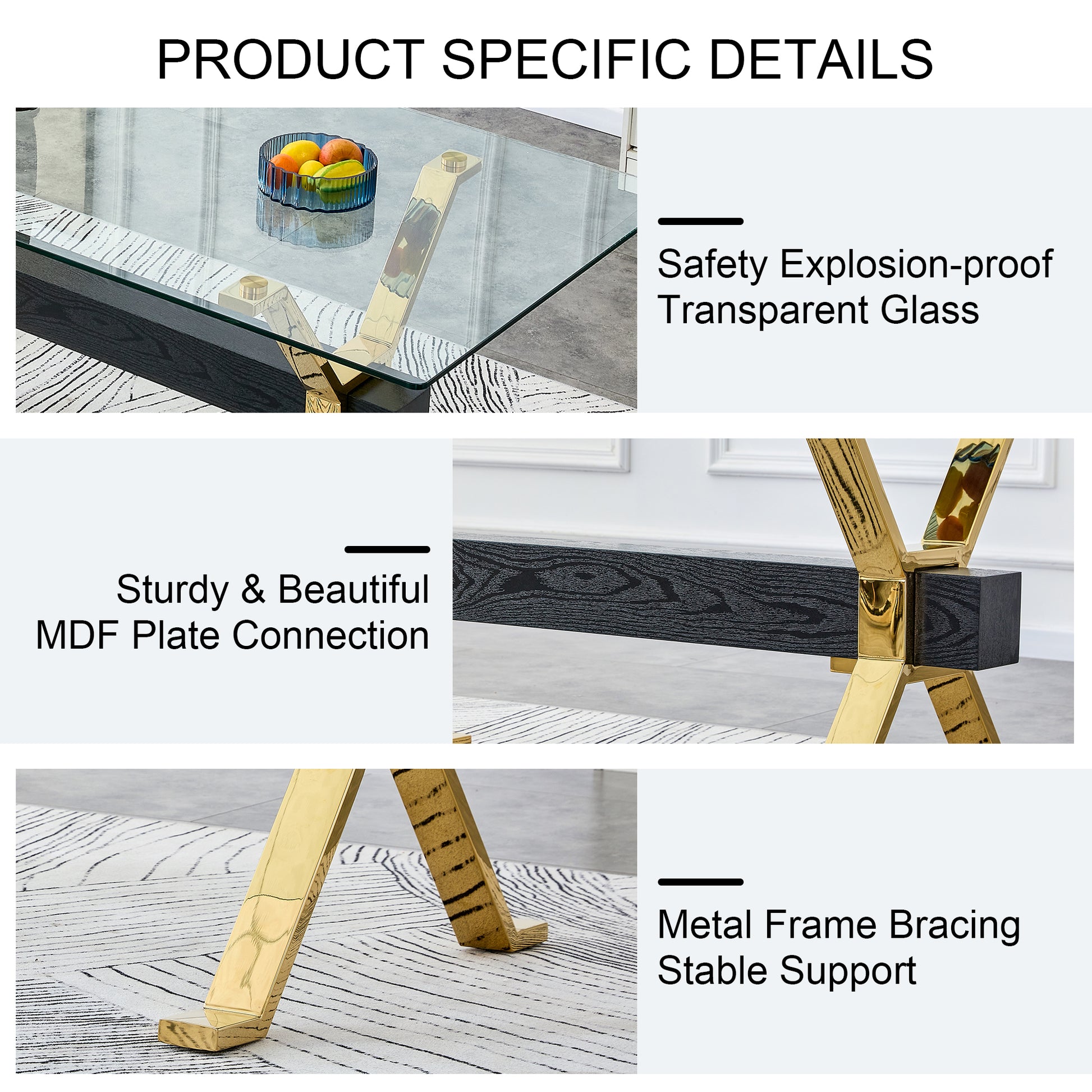 Dining Table. Modern Tempered Glass Dining Table. Large Modern Office Desk With Gold Metal Legs And Mdf Crossbars, Suitable For Home And Office Use. Kitchen .71 ''X35.4''X30 '' 1105 Transparent Glass