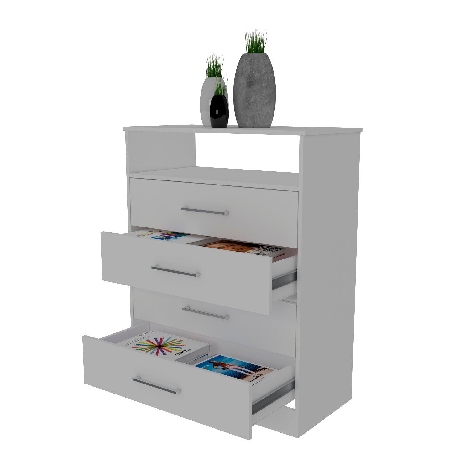 Dresser, Four Drawers, One Shelf, Superior Top, White White Solid Wood Mdf Engineered Wood