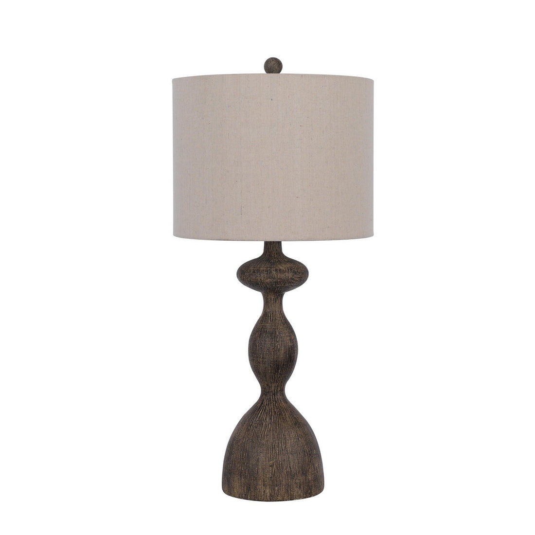 30 Inch 2 Table Lamps, Resin Accent, Turned Base, Rustic Wood Brown, Beige Beige Brown Fabric