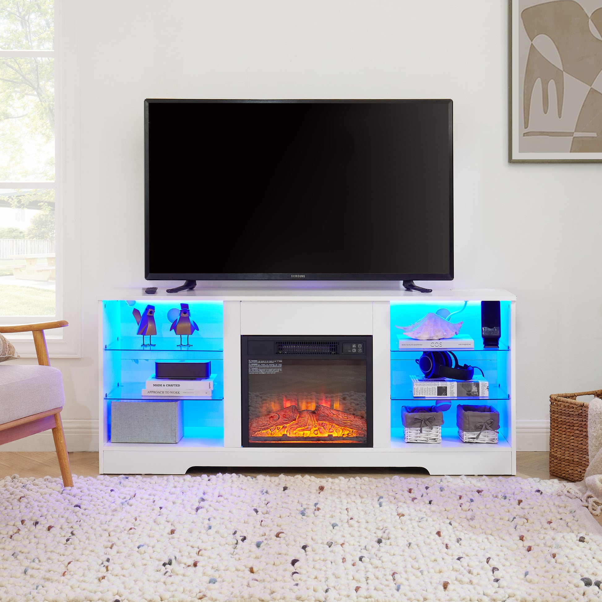 Tv Stand Electric Fireplace Glass Shelves, 3D Fireplace Tv Stand With Led Lights Wood With Usb Charging Outlet Modern Television Table Center For Tv Up To 62" White, 58''W*15.5''D*24.4 White 50 59