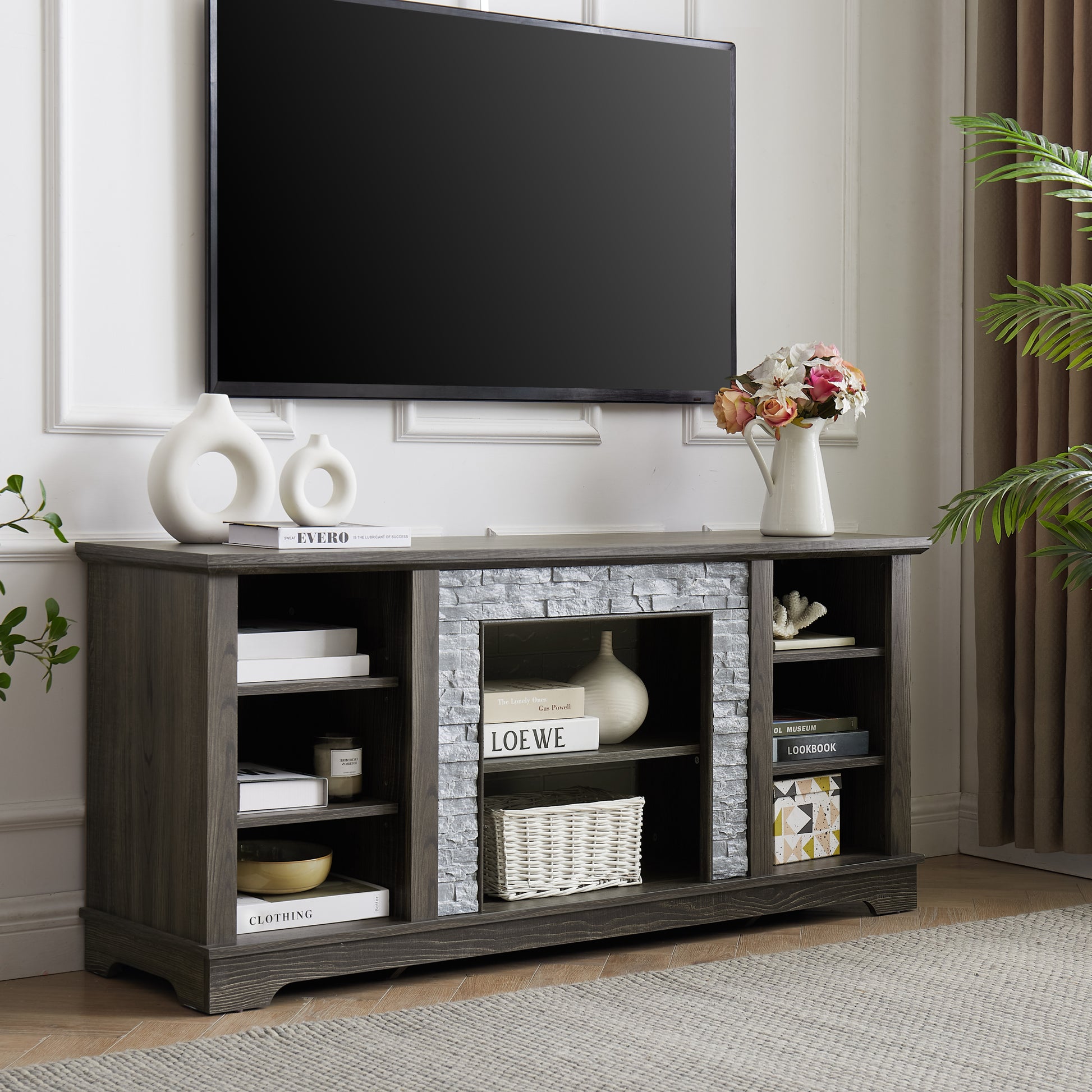 Mantel Stone Tv Media Stand With With Faux Stacked Stone Surround, Modern Entertainment Console With Open Storage Space,Grey, 58.31"W*15.39"D*26.06"H Grey 60 69 Inches Mdf