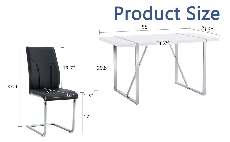 Table And Chair Set.55"X31.5" White Mdf Painting Dining Table Set With 4 Black Pu Chairs.Showcasing A Modern And Stylish Look.Suitable For Dining Room.Mdf Painting,Iron Pipe Plating,Pu Chiairs.