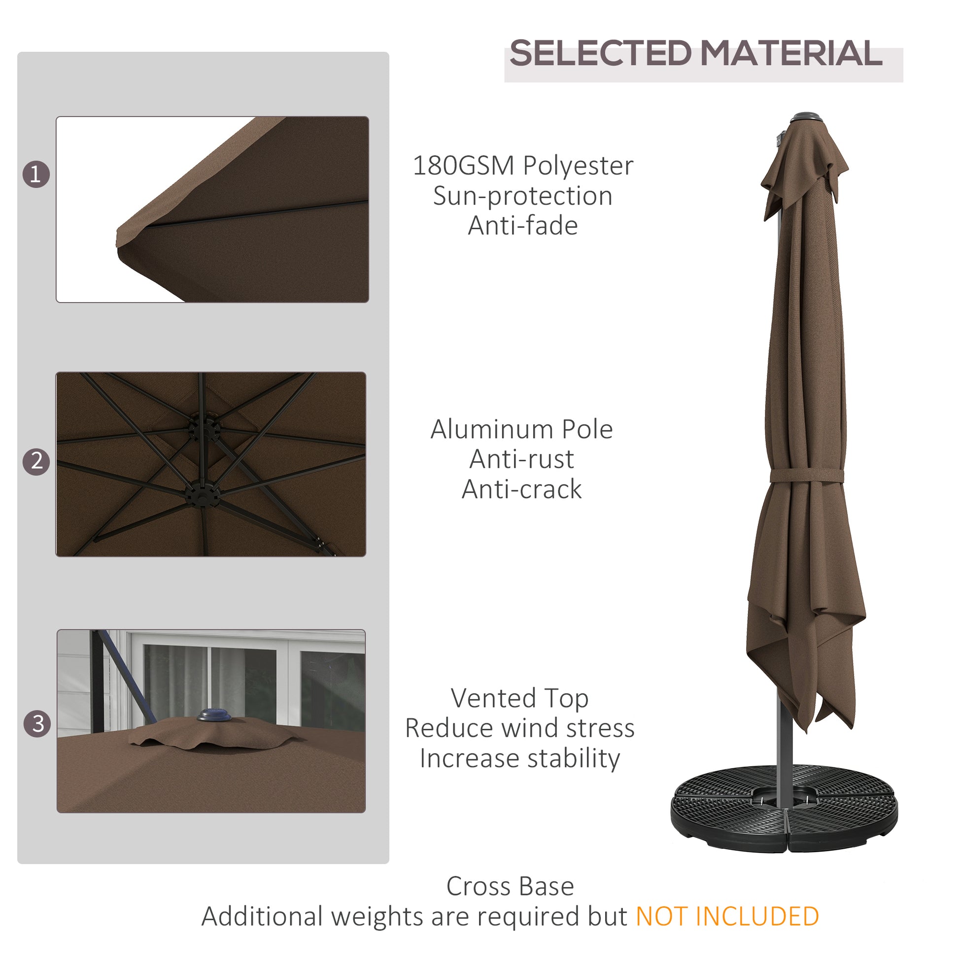 Outsunny 10' Cantilever Patio Umbrella, Square Offset Umbrella With Tilt, Crank, Cross Base, Aluminum Pole And Air Vent, Hanging Umbrella For Garden, Pool, Backyard, Tan Brown Aluminum