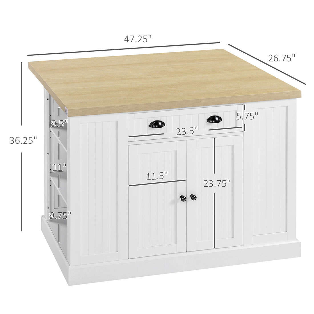 Homcom 47" Fluted Style Wooden Kitchen Island, Kitchen Countertop Storage Cabinet With Drop Leaf, Drawer, Open Shelves, Storage, White White Mdf