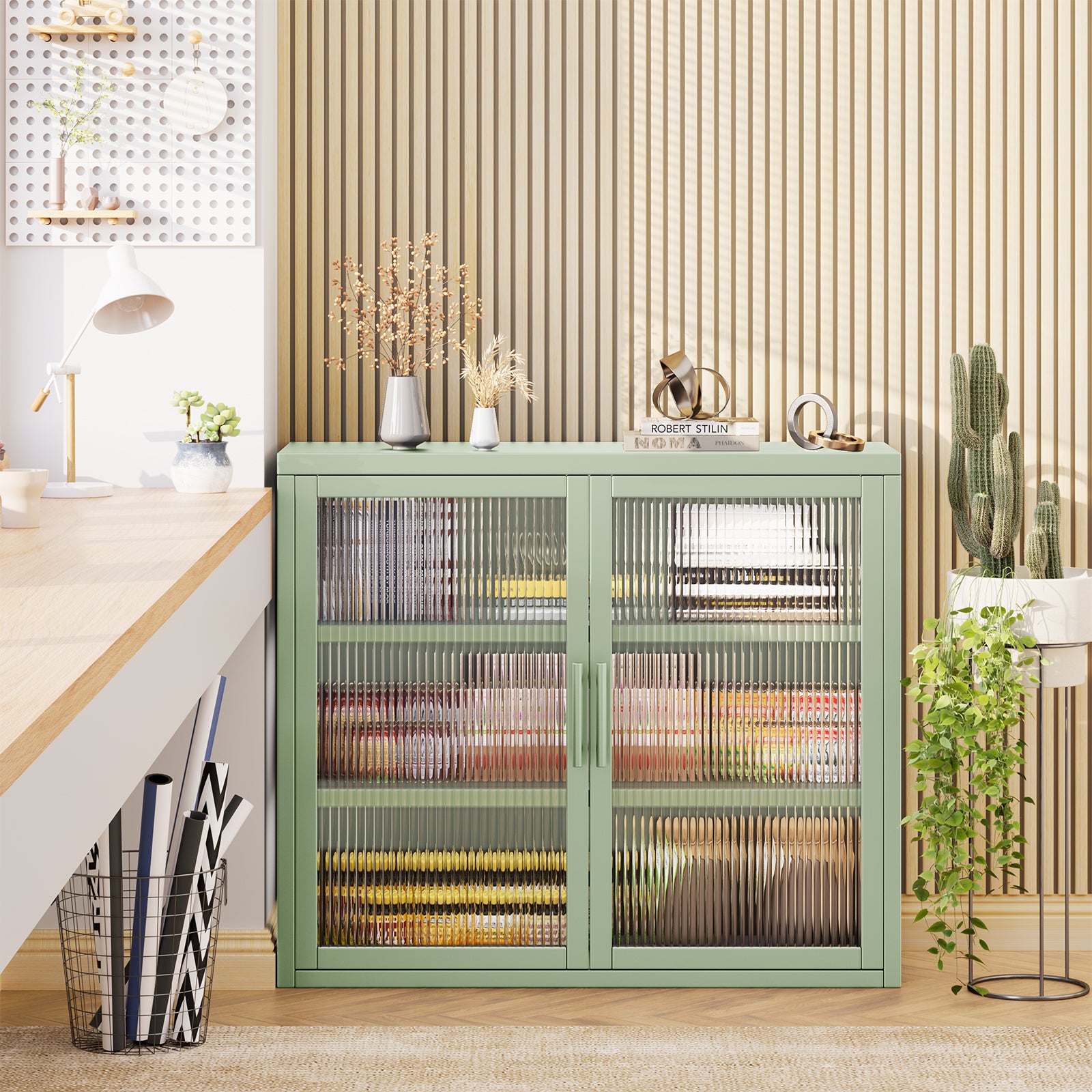 Retro Style Haze Double Glass Door Wall Cabinet With Detachable Shelves For Office, Dining Room,Living Room, Kitchen And Bathroom Mint Green Mint Green Tempered Glass Sheet Metal Plastic