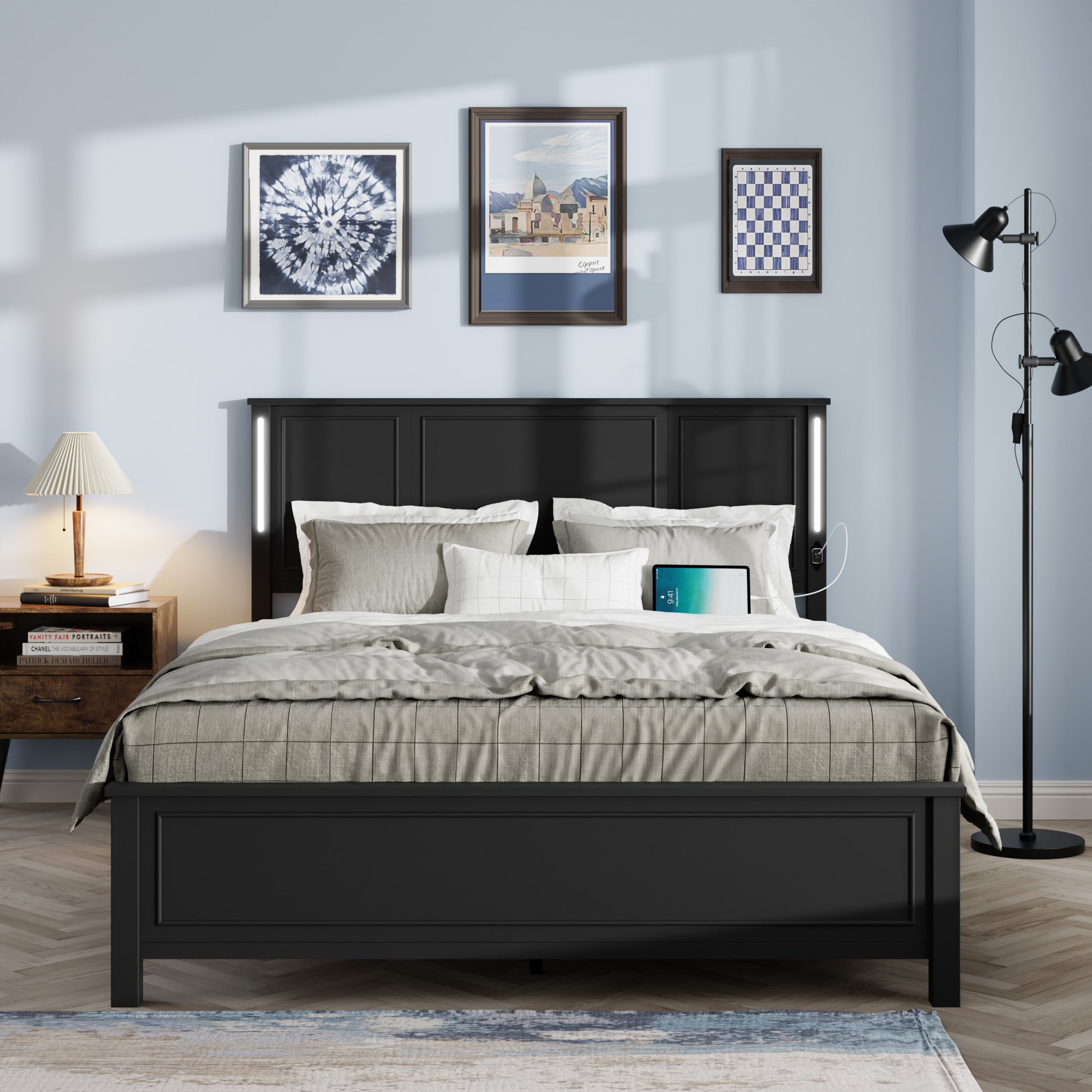 Queen Size Bed Frame, Platform Bed Frame With Wood Headboard And Footboard,Charging Station And Led Lights, 12 Wood Slats Support, No Box Spring Neededblack Box Spring Not Required Queen Antique