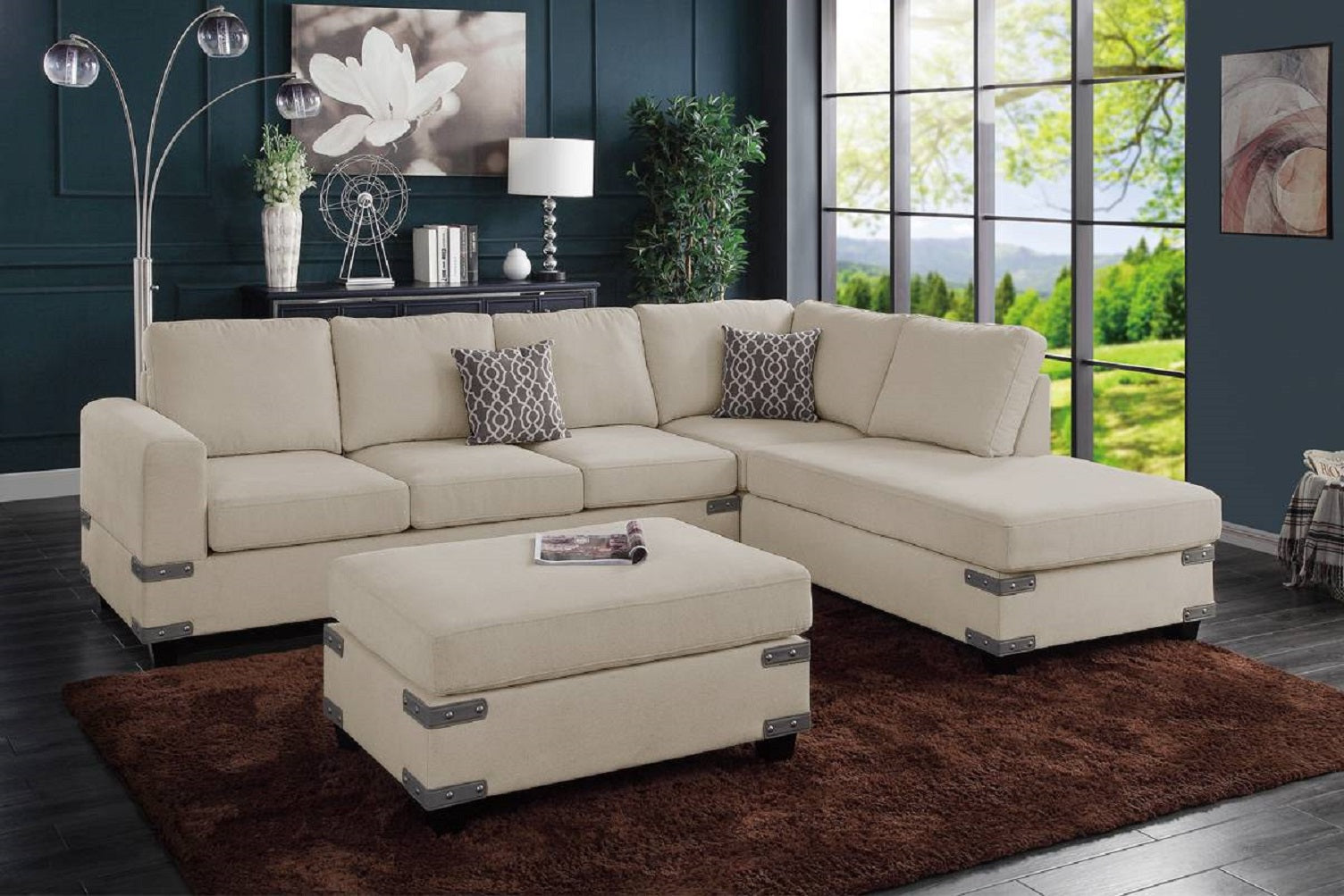Living Room Furniture Mushroom Chenille Sectional W Ottoman Linen Like Fabric Sofa Reversible L R Chaise Ottoman 3Pc Sectional Sofa Mushroom Chenille Wood Primary Living Space Cushion Back