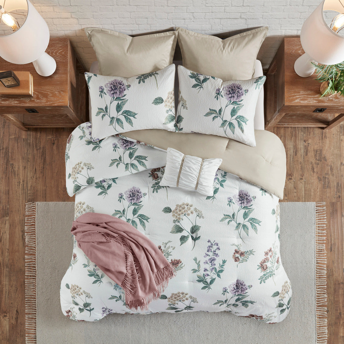 7 Piece Printed Seersucker Comforter Set With Throw Blanket Taupe Blush Full Queen Multicolor Polyester