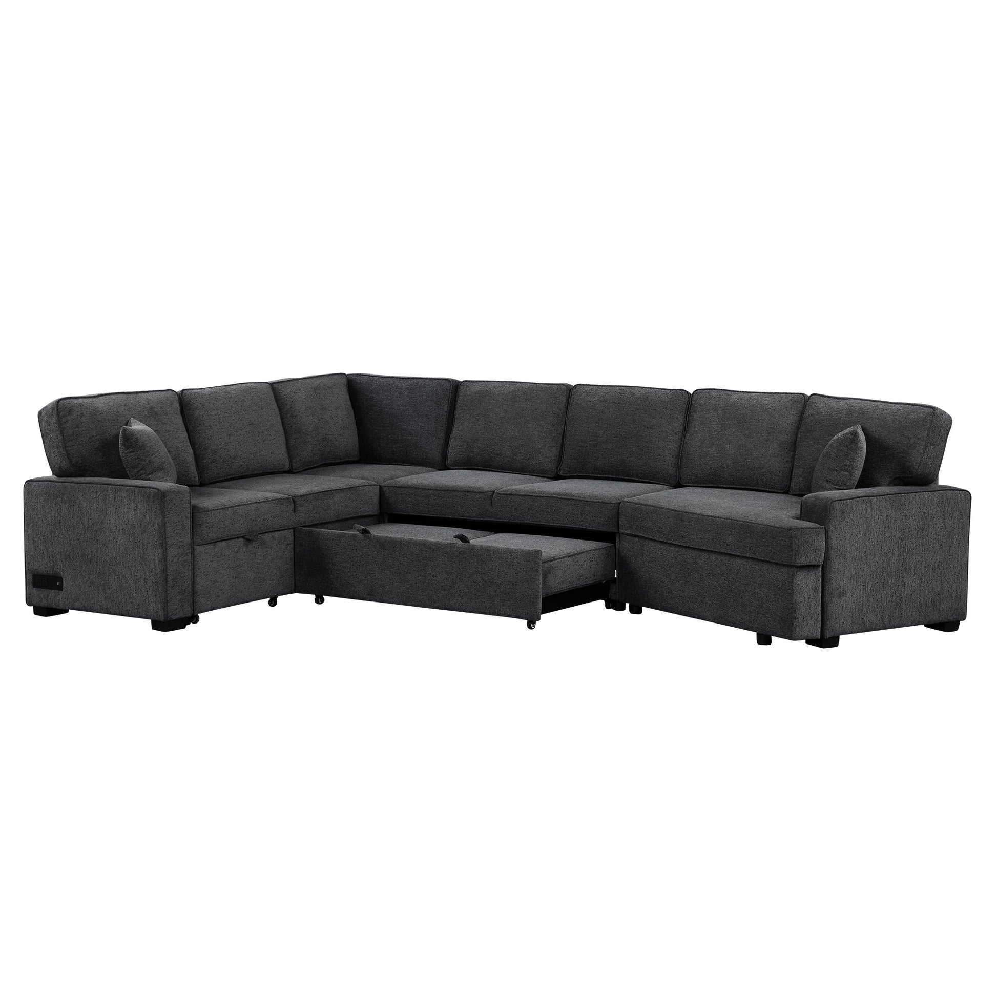 126" L Shaped Sofa Sectional Sofa Couch Pull Out Sofa Bed With Charging Devices And Cup Holders For Living Room, Blue Black Black Blue Foam Chenille 6 Seat