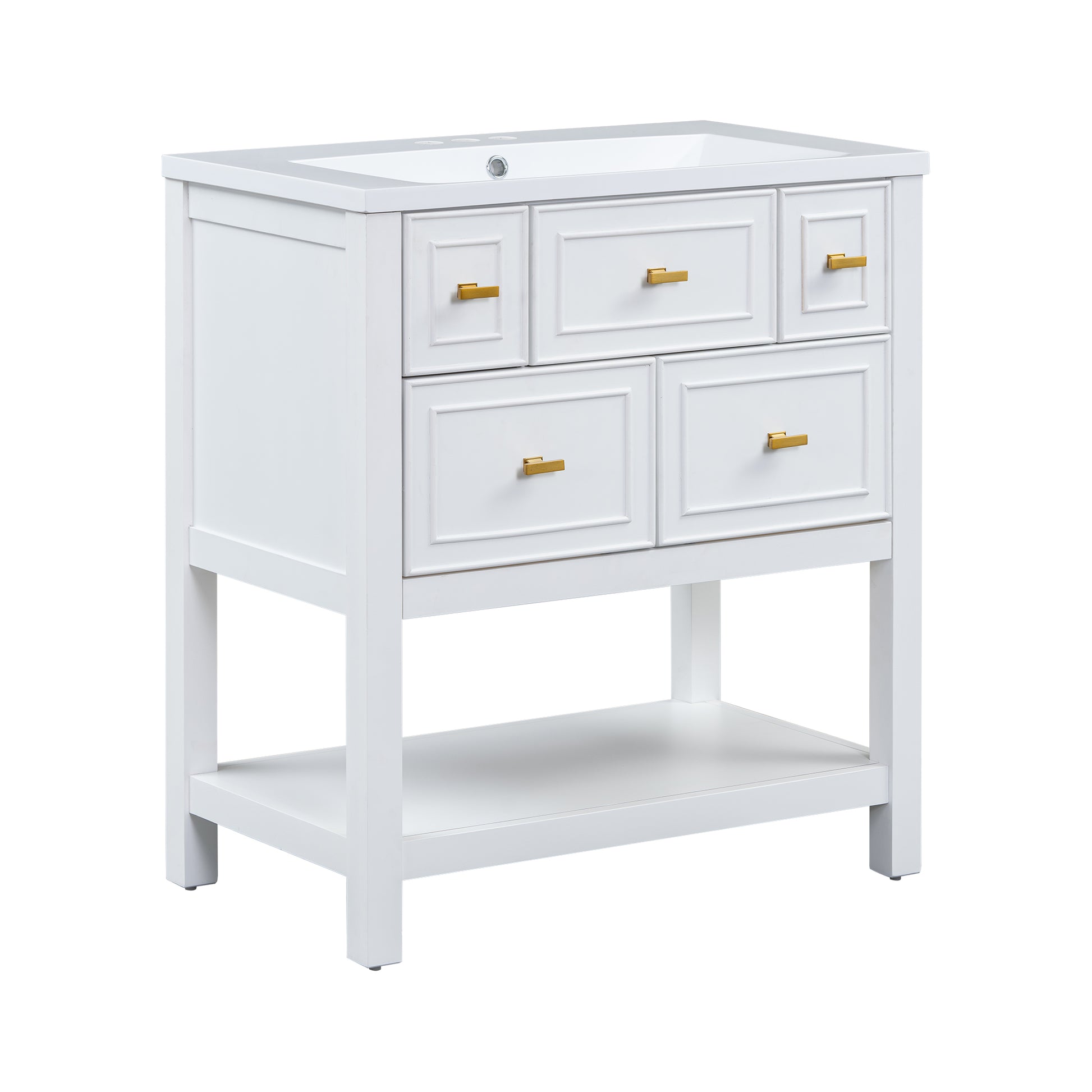 30'' Bathroom Vanity With Resin Sink Combo, Free Standing Single Vanity Set With 5 Drawers, Solid Wood Frame Bathroom Storage Cabinet, White 4 White 1 Bathroom Freestanding Modern Solid Wood Mdf Resin Painted