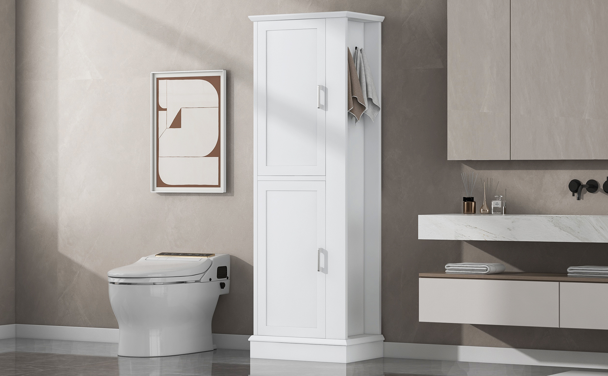 Tall Bathroom Storage Cabinet, Freestanding Storage Cabinet With Hook And Adjustable Shelf, Mdf Board, White White 2 Mdf