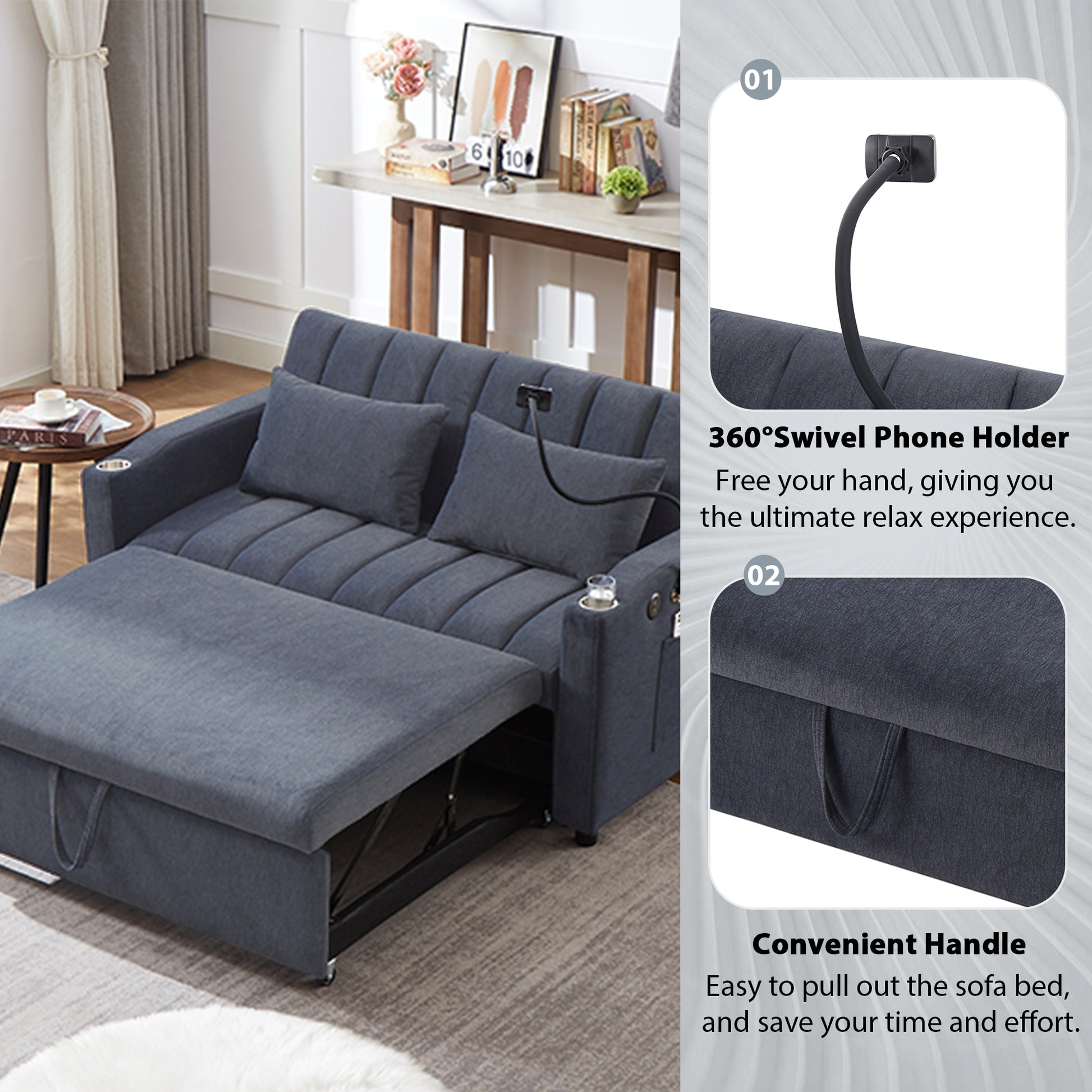 55.9" Convertible Sofa Bed Loveseat Sofa With Three Usb Ports, Two Side Pockets, Two Cup Holders And 360 Swivel Phone Holder For Living Room, Blue Grey Blue Gray Foam Polyester