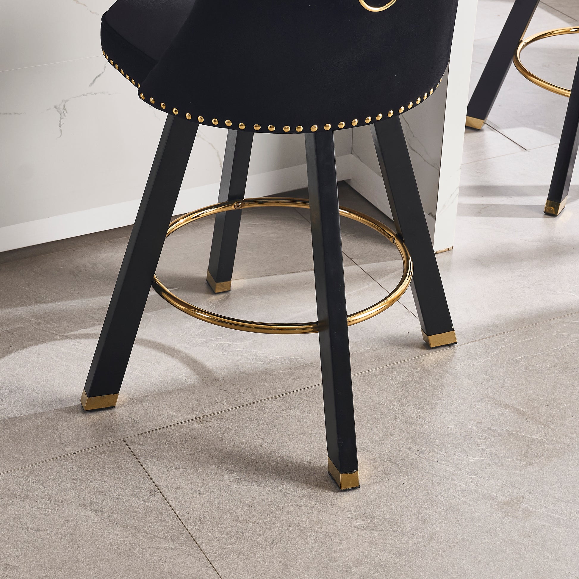 Coolmore Set Of 2,Back Pull Point Design, Velvet Material, 360 Degree Rotation, Back Pull Loop Detachable Design, Rivet Decoration, Square Foot Wooden Bar Chair Black Velvet