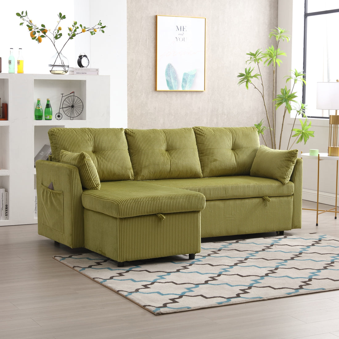 United We Win Furniture, Modular L Shaped Sofa, Modular Long Sofa With Reversible Chaise Lounge, Sofa Bed, Sleeper Sofa, Modular Sofa Combination With Storage Seats. Olive Velvet 3 Seat