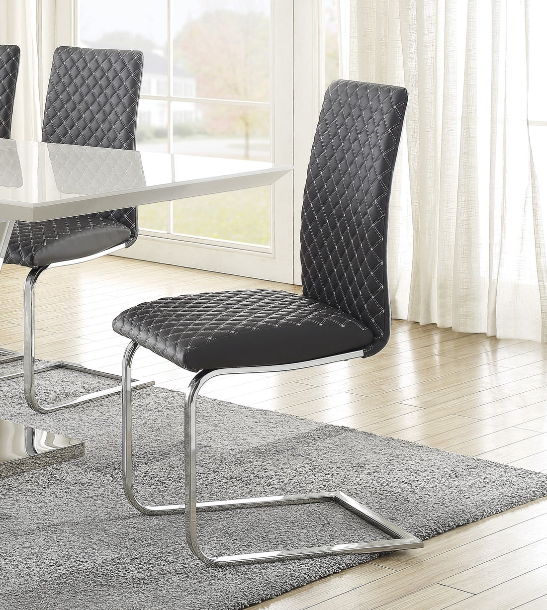 Sleek Contemporary Style Side Chairs Set Of 2, Gray Faux Leather Diamond Pattern Stitching Chrome Metal Finish Dining Room Furniture Chrome,Gray Dining Room Contemporary,Modern Metal