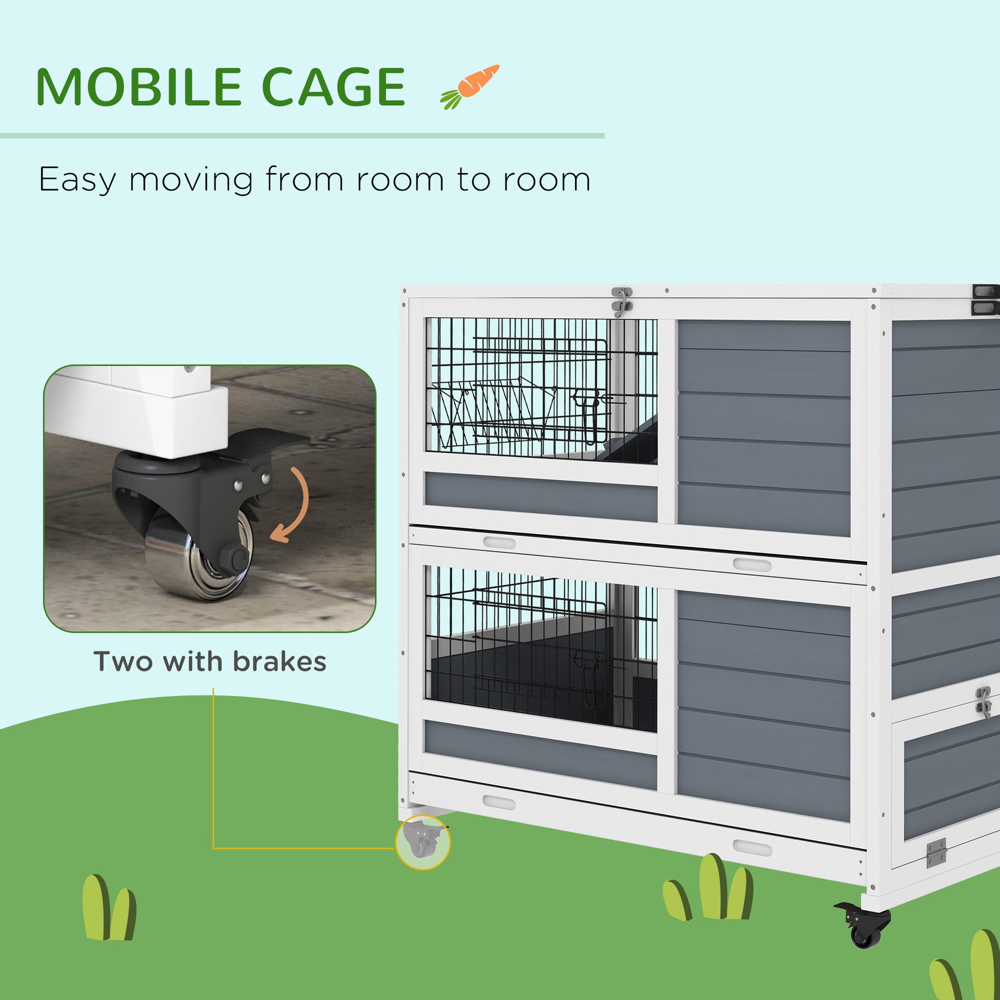 Pawhut Indoor Rabbit Hutch With Wheels, 2 Tier Rabbit Cage, 35.5" Wooden Guinea Pig Cage With Feeding Trough, Removable Trays, Ramps & Openable Top For 1 2 Rabbits, Gray Gray Wood