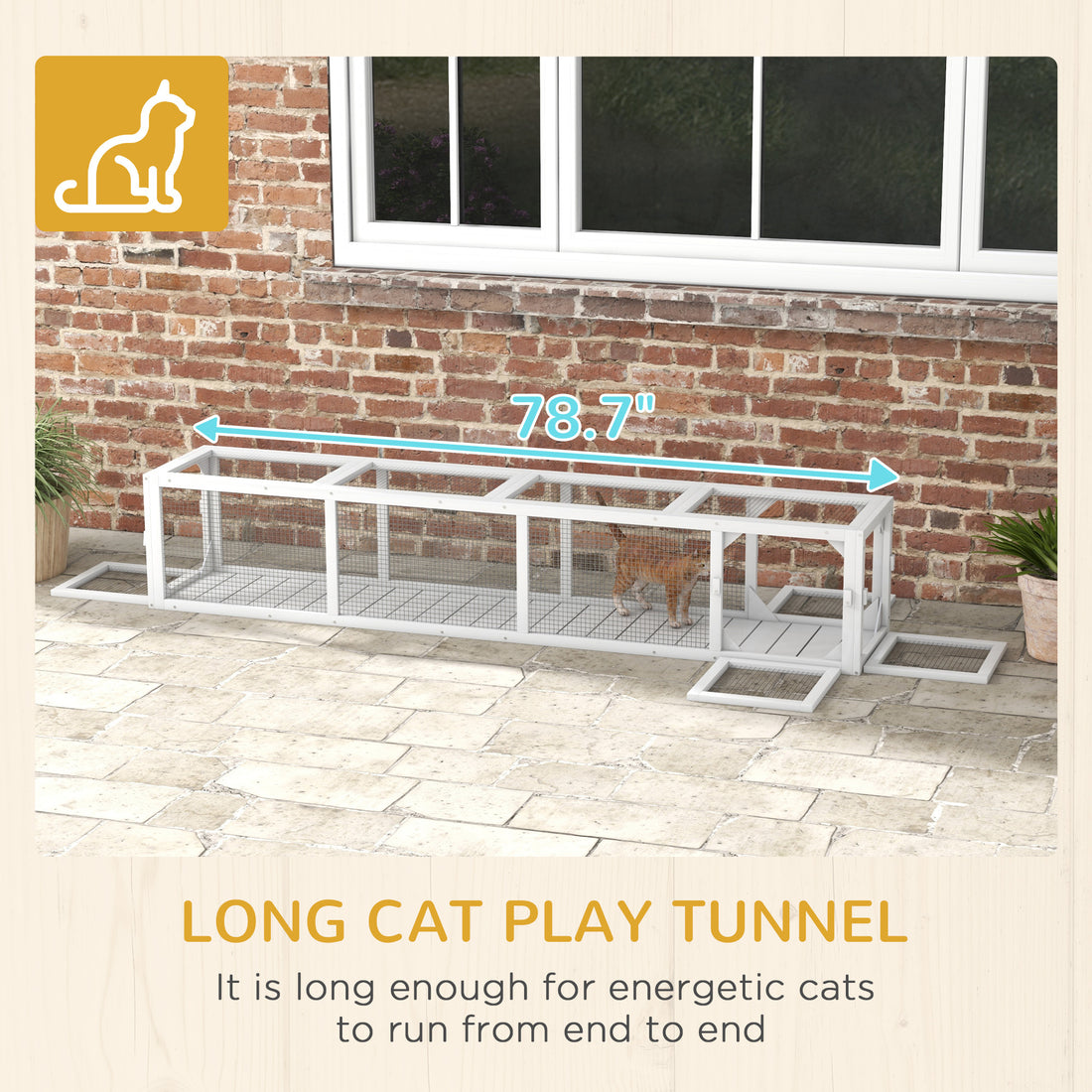 Pawhut Outdoor Cat Tunnel With Extendable Design, 79" L Wooden Cat Run With Weather Protection, Connecting Inside And Outside, For Deck Patios, Balconies, White White Black Wood