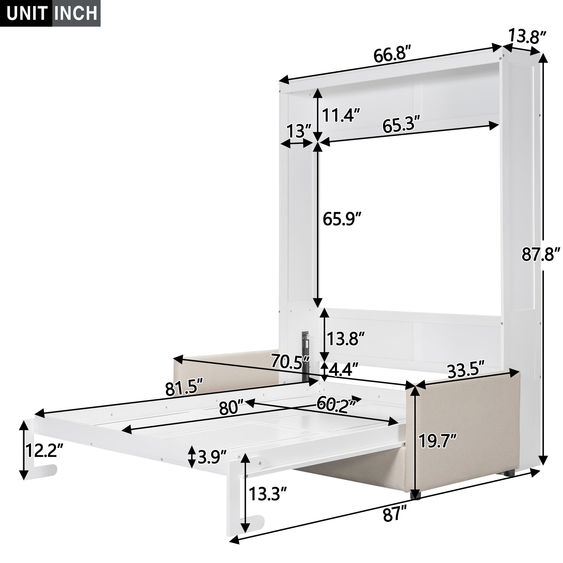 Queen Size Murphy Bed Wall Bed With Cushion, White Queen White Mdf Lvl