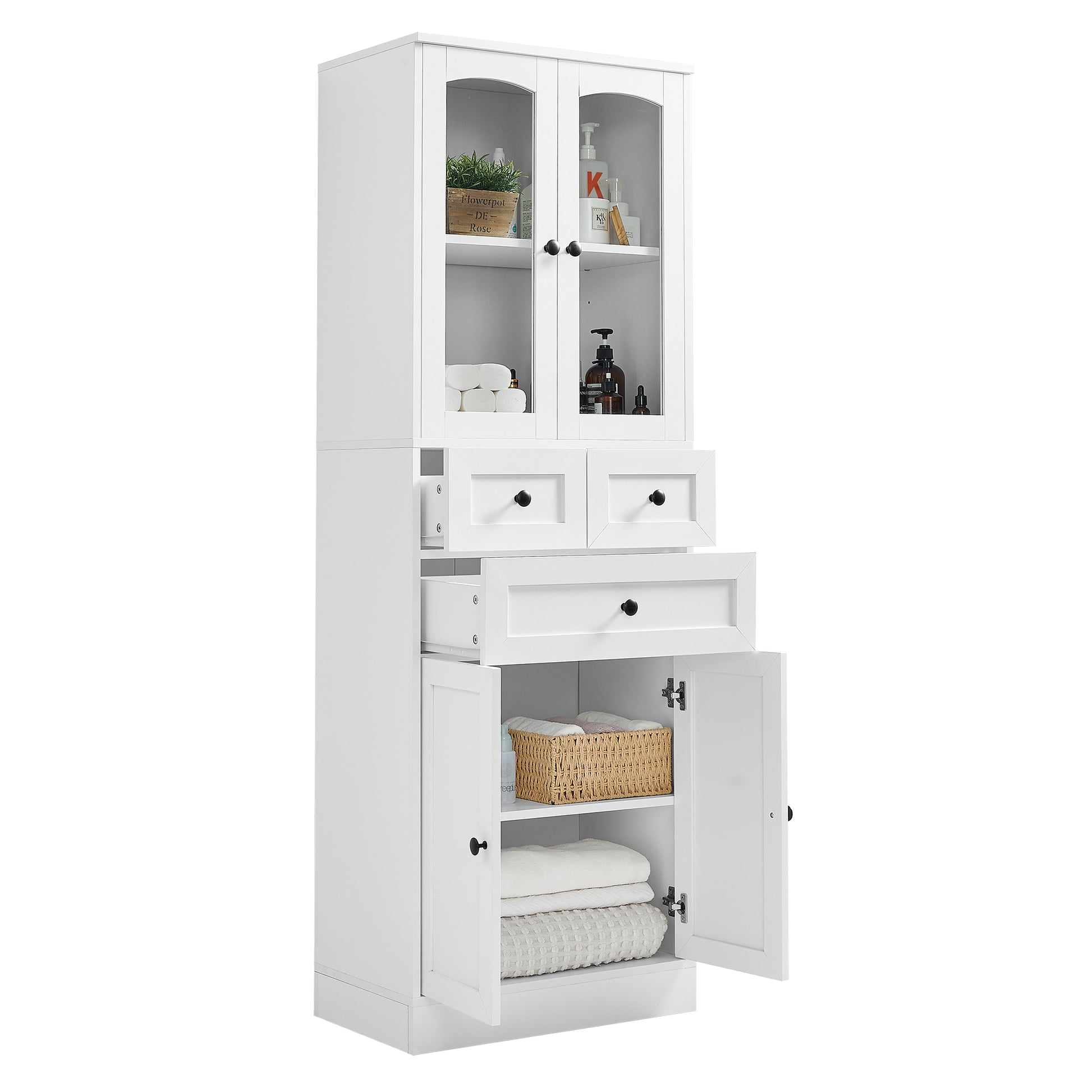 Tall Bathroom Storage Cabinet, Cabinet With Four Doors And Drawers, Adjustable Shelf, Mdf Board, White White Mdf