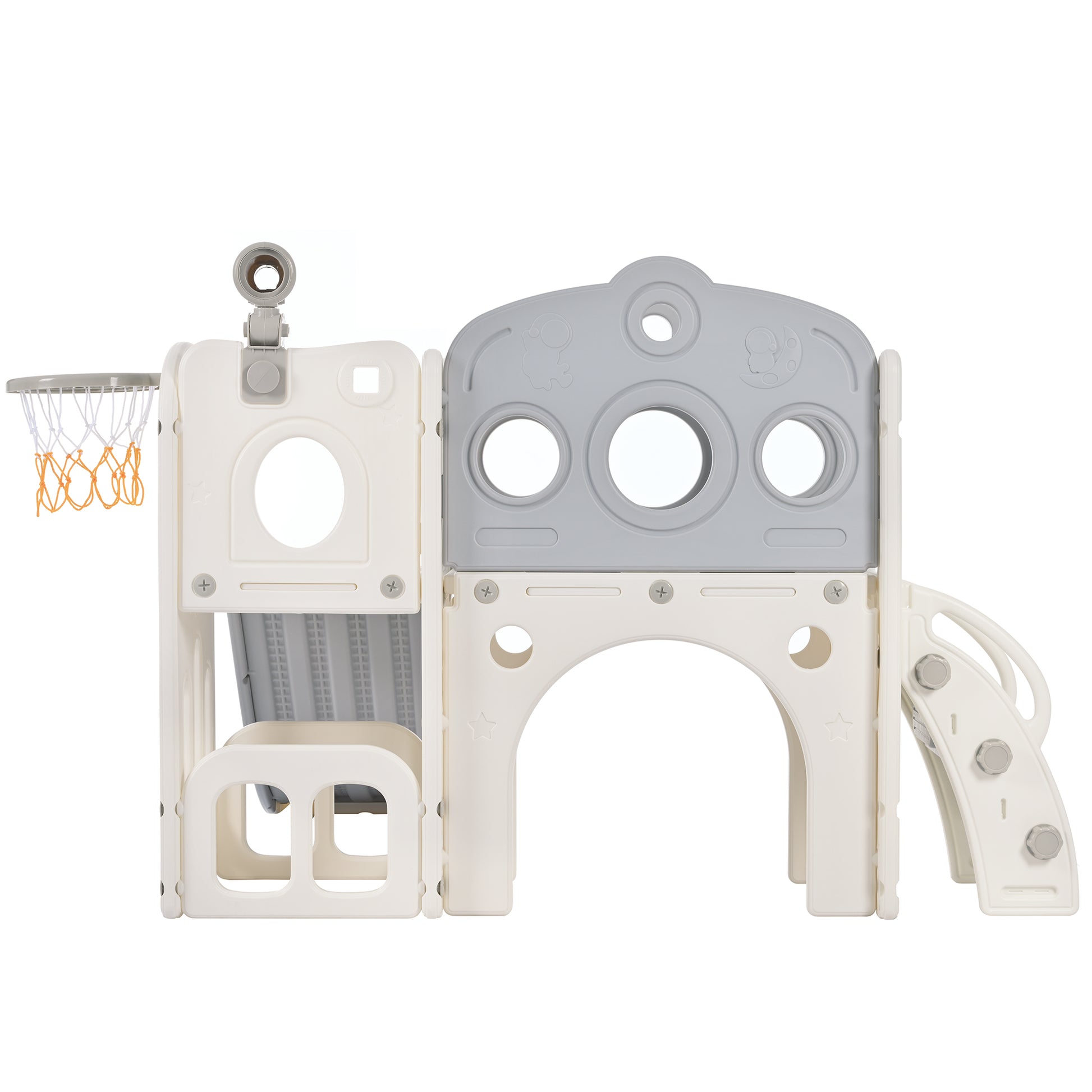 7 In 1 Toddler Slide Set, Freestanding Space Set With Slide, Kids Slide Playset Structure, Arch Tunnel And Basketball Hoop, Toy Storage Organizer For Toddlers, Kids Climbers Playground Grey White 50 99 Lbs Cute 1 To 2 Years Hdpe Indoor & Outdoor Use
