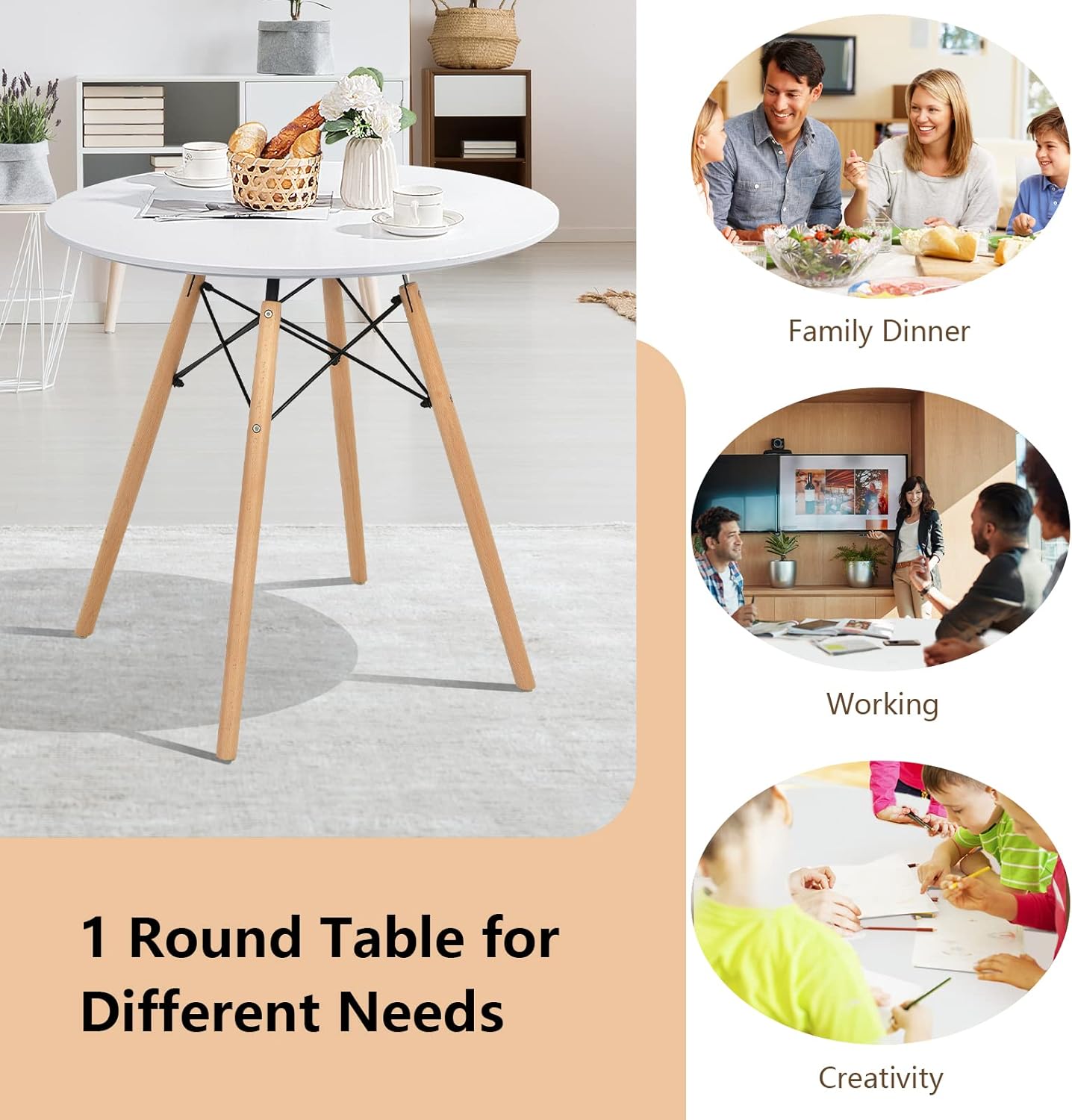 31.5" Round Dining Table Kitchen Table White Dining Table With White Mdf Desktop And Solid Wood Legs .Modern Style Coffee Table Leisure Dining Room Round Table For Kitchen Living Room White Kitchen Round Mdf