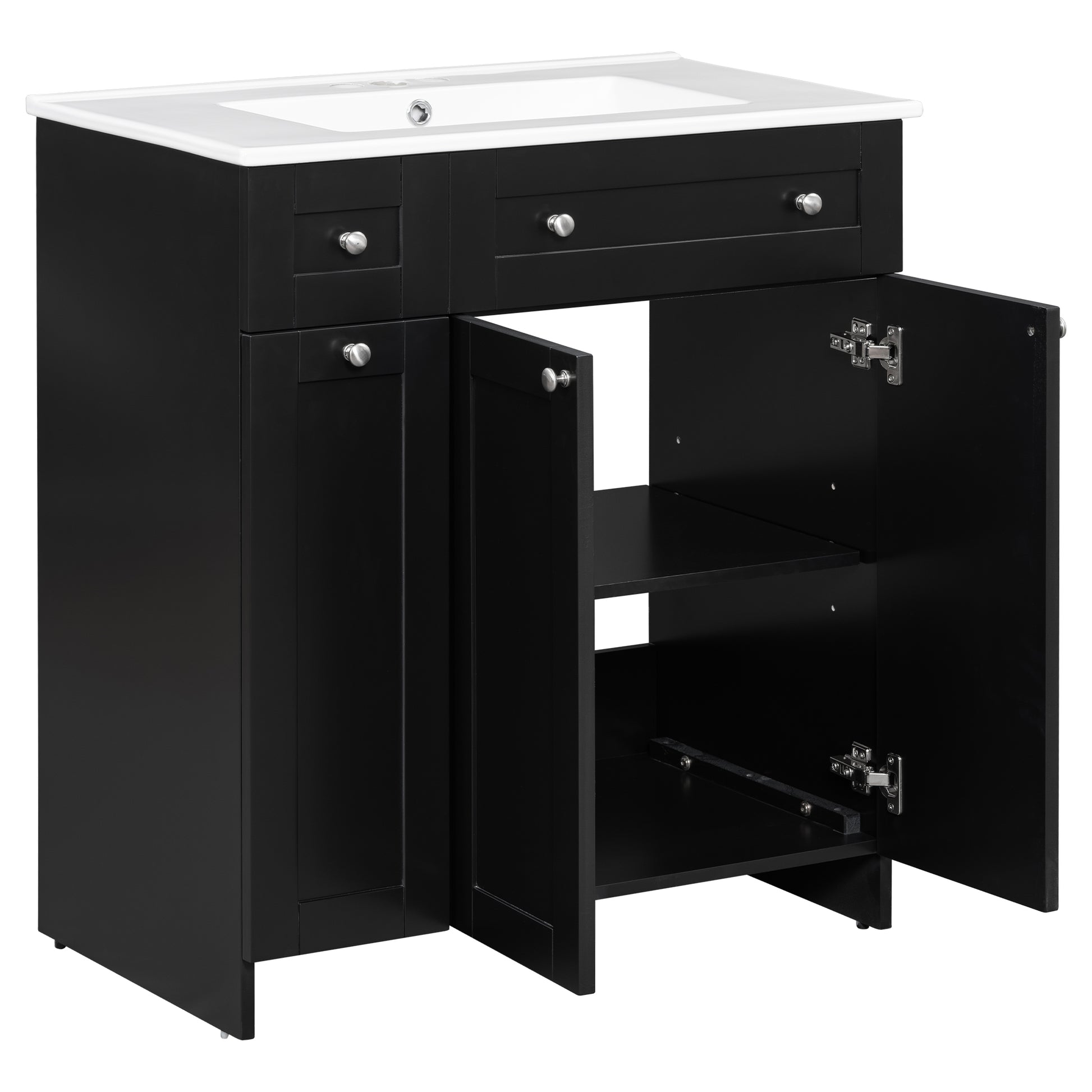 30 Inch Black Bathroom Vanity With Ceramic Sink Combo, Abundant Storage Cabinet 2 Soft Close Doors And Double Tier Deep Drawer Black Bathroom Mdf