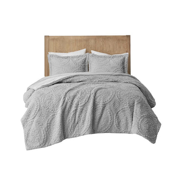 Embroidered Medallion Faux Fur Ultra Plush Comforter Mini Set Queen Grey Polyester