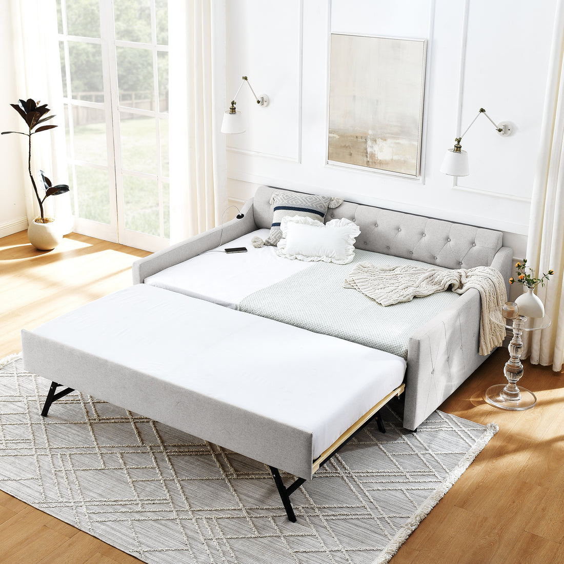 Full Size Upholstery Daybed With Twin Size Erectable Trundle And Usb Charging Design, Linen Beige Box Spring Not Required Full Beige Bedroom Linen Linen