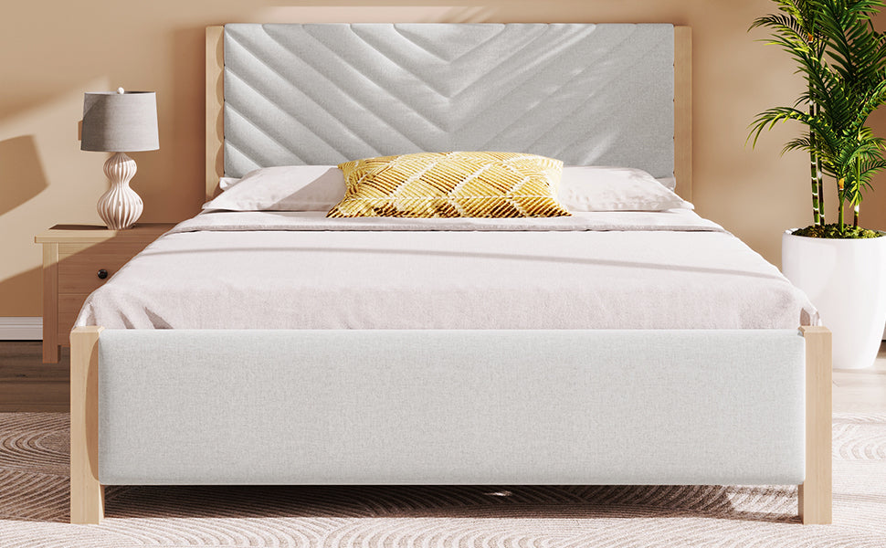 Modern Mid Century Queen Upholstered Platform Bed Frame With Tufted Headboard And Solid Wood Legs,No Box Spring Needed,Beige Box Spring Not Required Queen Beige Wood Bedroom Mid Century Modern,Modern Bed Frame Linen Wood