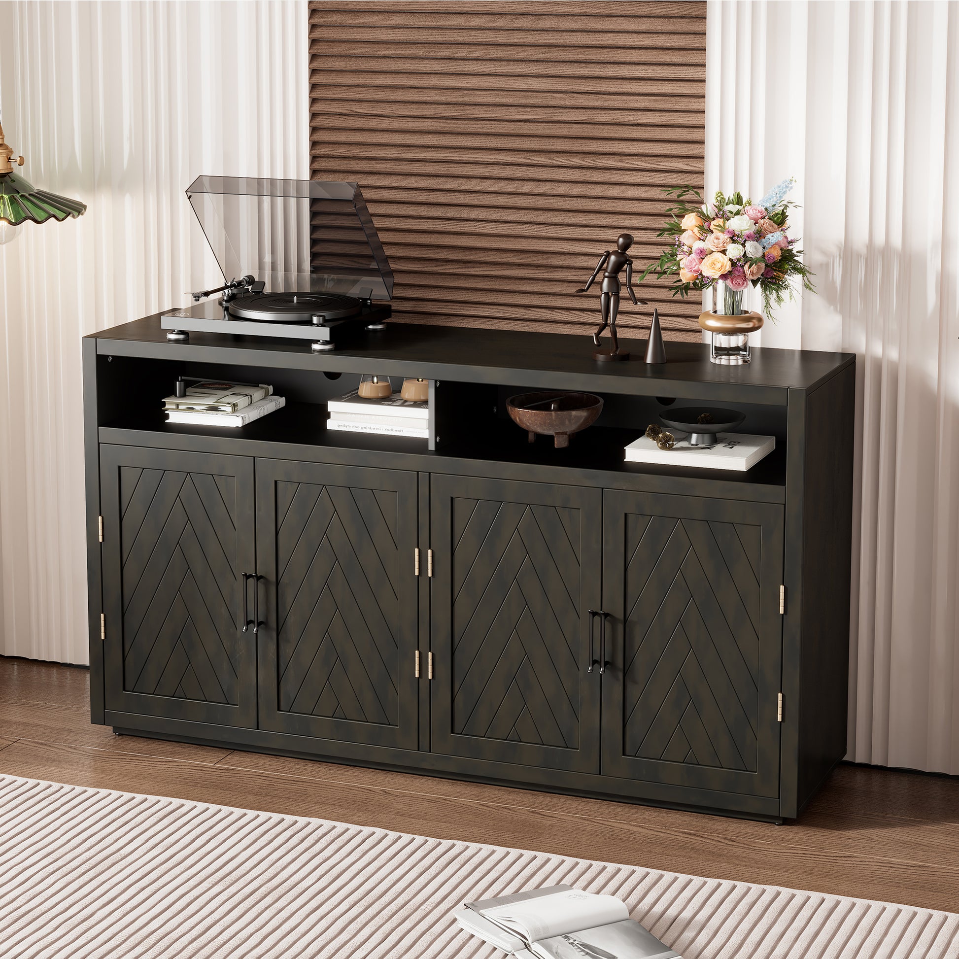 4 Door Classic Sideboard With Open Storage And Adjustable Shelves Perfect For Kitchens, Living Rooms Grey Brown Grey Brown Mdf