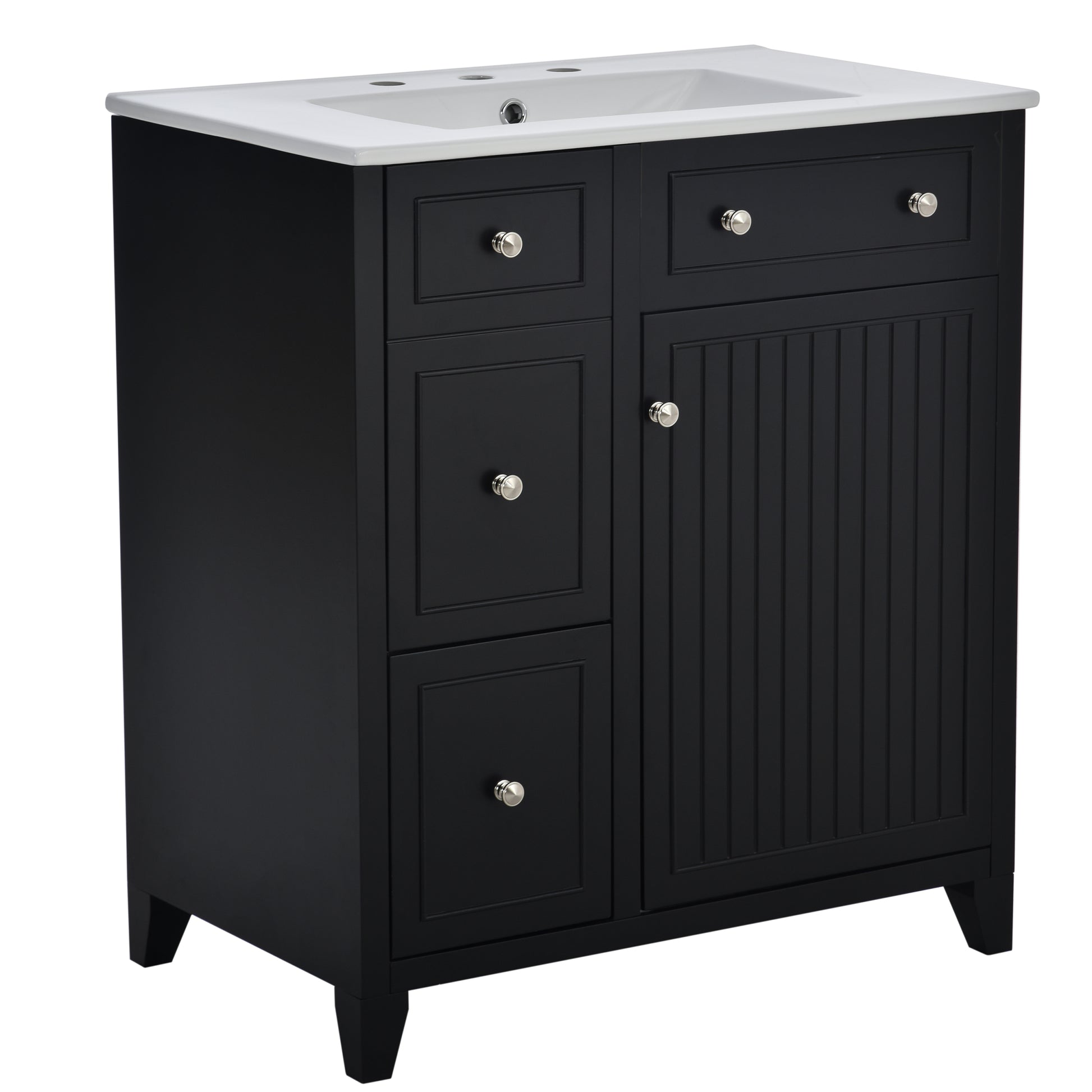 30 Inch Bathroom Vanity Cabinet With Ceramic Basin, Double Layer Drawer, Deep Drawer And Adjustable Shelf Black Bathroom Solid Wood Mdf