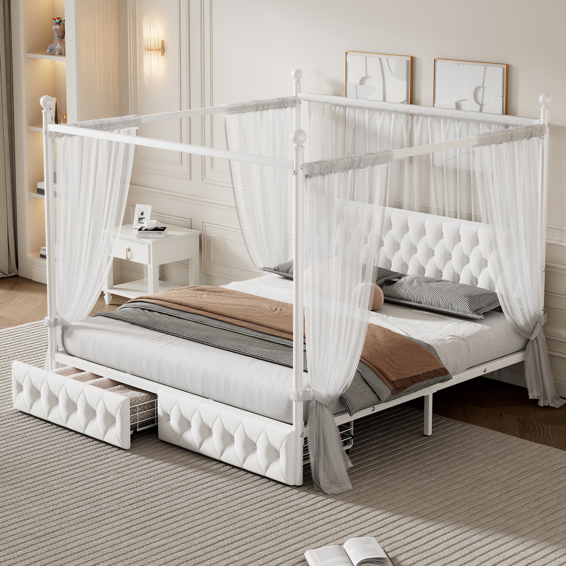 King Size Metal Canopy Platform Bed With Upholstered Headboard And Two Storage Drawers, White King White Metal