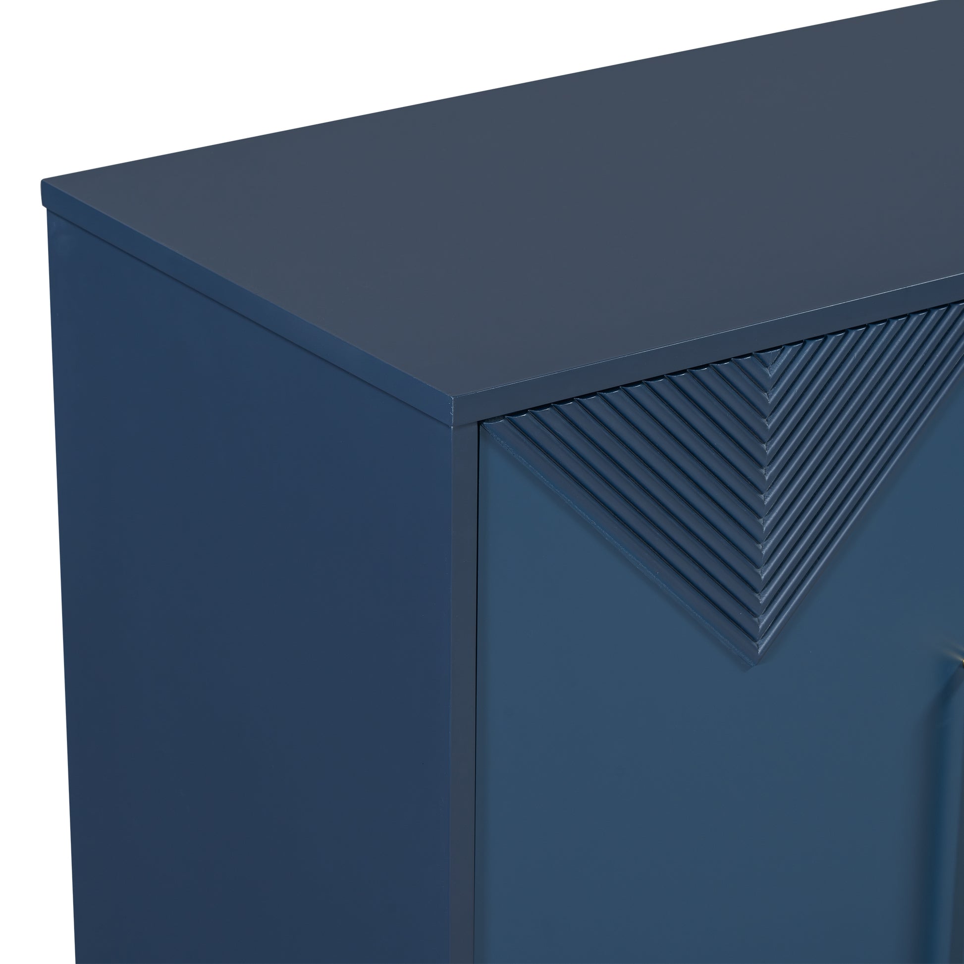 Unique Features Of A Four Door Cabinet With Two Tone Triangular Pattern Doors, Suitable For Entryway, Hallway, Living Room 3 4 Spaces Navy Blue Primary Living Space Adjustable Shelves Artsy,Contemporary Mdf