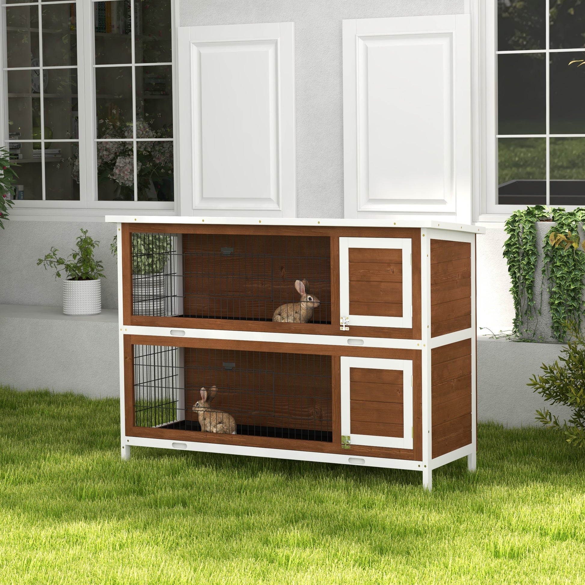 Pawhut 54" 2 Story Large Rabbit Hutch Bunny Cage Wooden Pet House Small Animal Habitat With Lockable Doors, No Leak Tray And Waterproof Roof For Outdoor Indoor Brown Coffee Wood