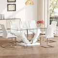 Table And Chair Set, Large Modern Rectangular Glass Table, Can Accommodate 6 8 People, Equipped With A 0.39 Inch Tempered Glass Tabletop And Mdf Table Legs.Paired With Comfortable And Soft Chairs. White Mdf Glass