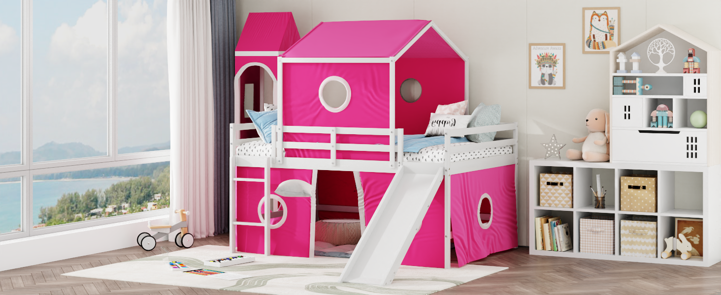 Full Size Loft Bed With Slide Pink Tent And Tower Pink Old Sku:Wf298771Aah Full Pink Solid Wood