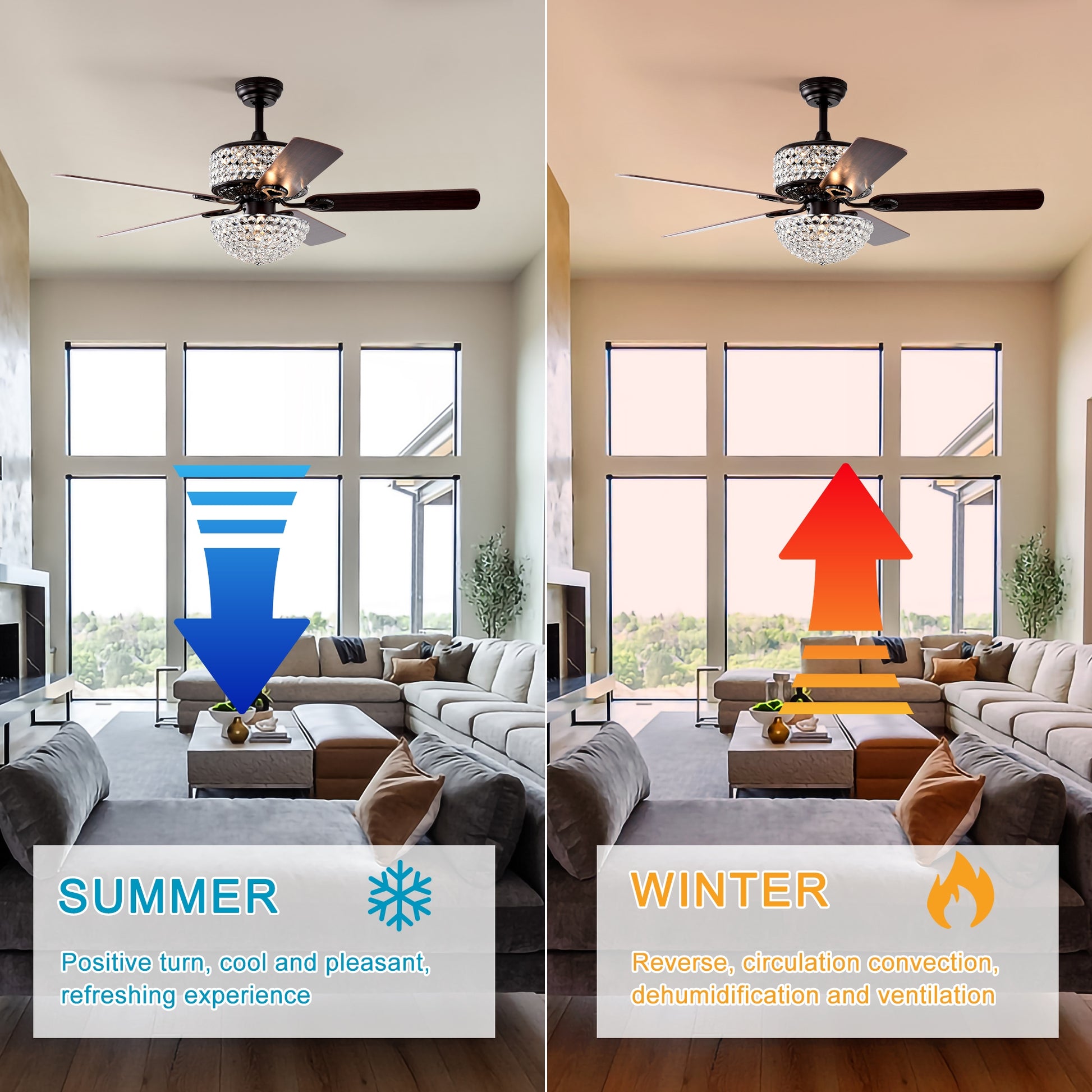 52 Inch Dual Crystal Shade Ceiling Fan With 5 Wood Blades, Two Color Fan Blade, Ac Motor, Remote Control, Reversible Airflow, Multi Speed, Adjustable Height, Traditional Ceiling Fa No Include Bulbs Matt Black American Design,American