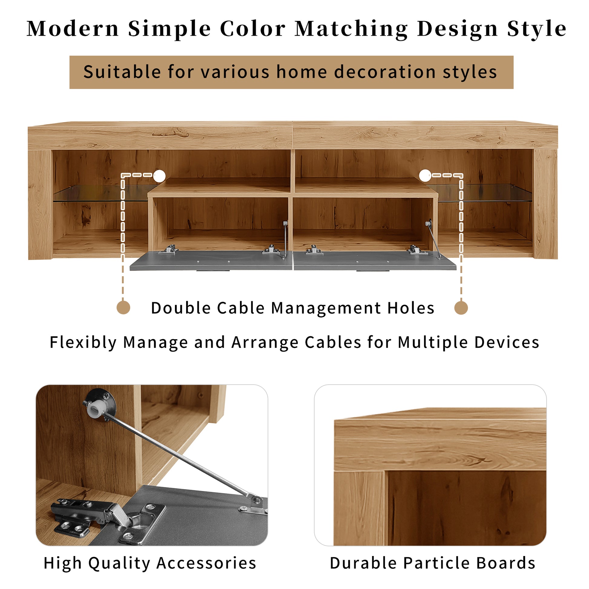 Modern Design Tv Stands For Tvs Up To 80'', Led Light Entertainment Center, Media Console With 6 Storage Cabinets, Tv Cabinet For Living Room, Bedroom, Home Theatre Black,Wood Brown Primary Living Space 70 79 Inches 70 79 Inches Modern 75 Inches Particle