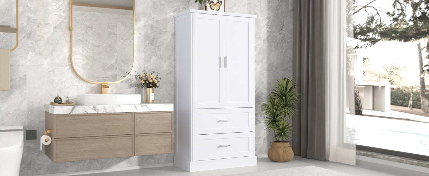 Tall Bathroom Storage Cabinet, Cabinet With Two Doors And Drawers, Adjustable Shelf, Mdf Board, White White Mdf