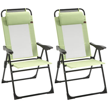 Outsunny Folding Patio Chairs Set Of 2, Outdoor Deck Chair With Adjustable Sling Back, Camping Chair With Removable Headrest For Garden, Backyard, Lawn, Green Green Fabric