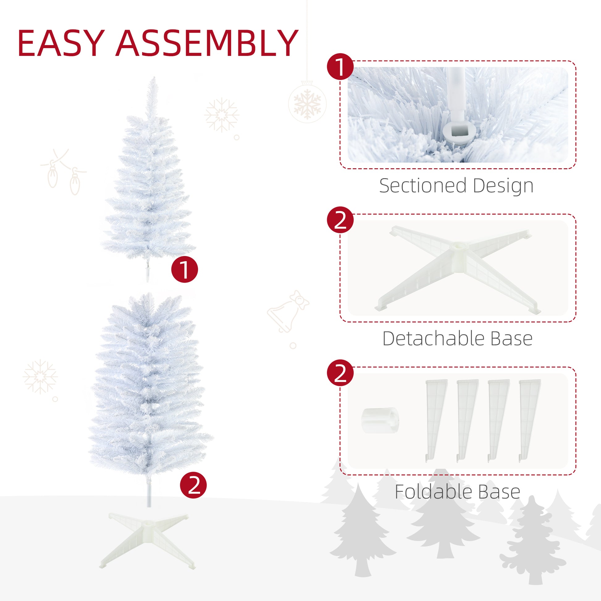 Homcom 5' Snow Flocked Artificial Pencil Christmas Tree, Slim Xmas Tree With Realistic Branches And Plastic Base Stand For Indoor Decoration, White White Plastic