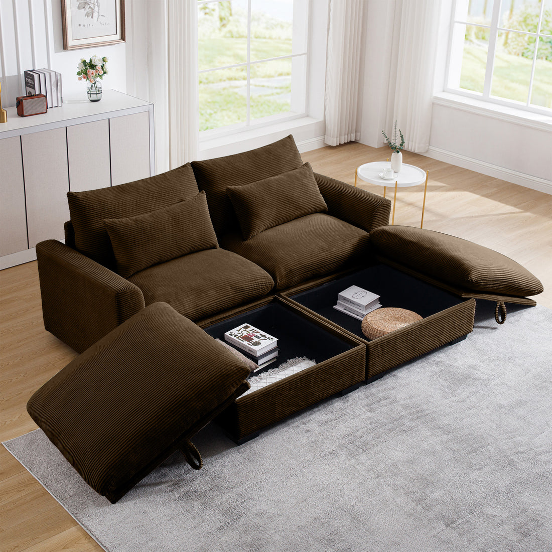 Corduroy Two Seater Sofa With 2 Storage Footrest, 2 Seater Sectional Deep Seat Sofa,Comfy Couches For Living Room ,Brown Sofa Brown Corduroy 2 Seat