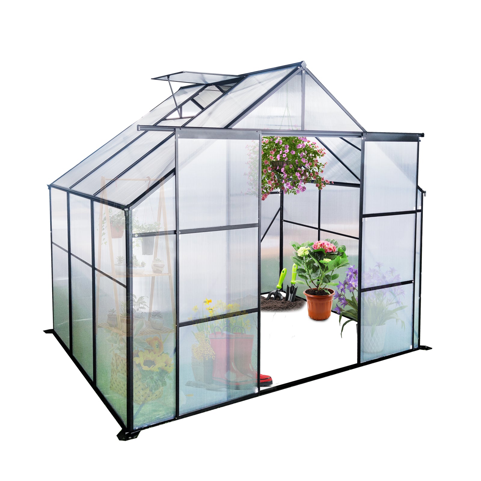 8X6Ft Black Double Door Polycarbonate Greenhouse Raised Base And Ancho