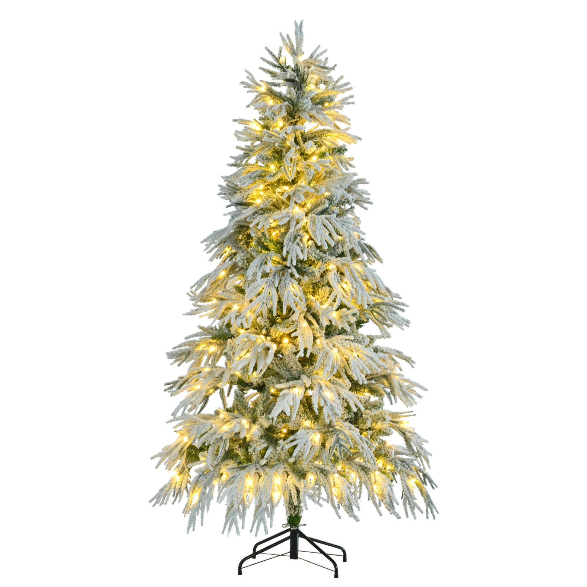 6Ft Pre Lit Spruce Snow Flocked Christmas Tree, Artificial Hinged Xmas Tree With 300 Multi Color Led Lights, 8 Flashing Modes &790 Snow Branch Tips, Holiday Office Home D Cor White Green Polyethylene