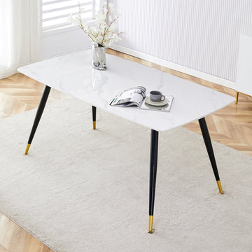 Modern Minimalist Dining Table. White Imitation Marble Pattern Sintered Stone Desktop With Black Metal Legs.62.2"*34.6"*30" F 001 Black Gold Sintered Stone