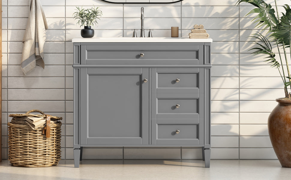 36'' Bathroom Vanity With Top Sink, Modern Bathroom Storage Cabinet With 2 Drawers And A Tip Out Drawer, Single Sink Bathroom Vanity Grey Bathroom Solid Wood Mdf Resin