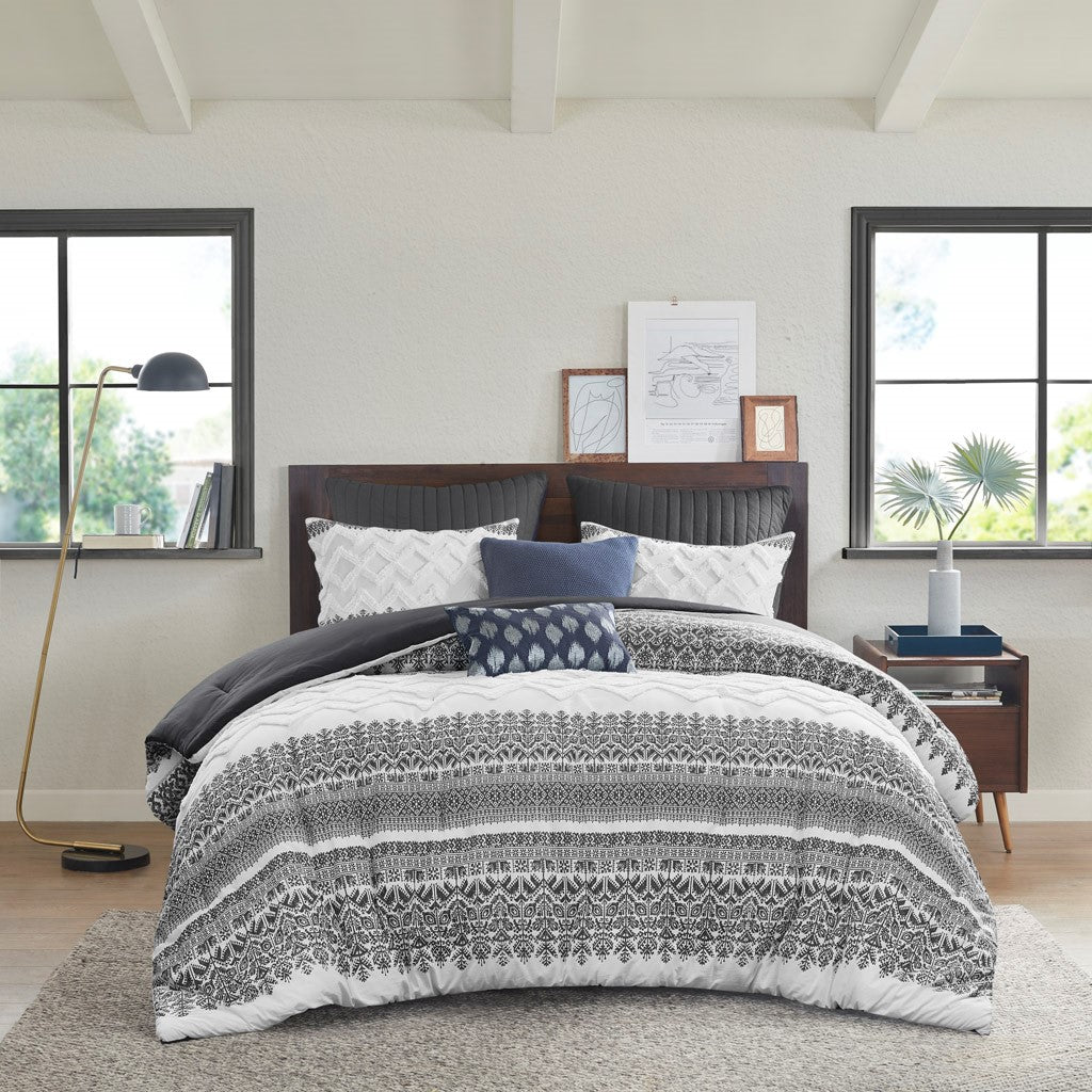 3 Piece Cotton Comforter Set With Chenille Tufting Gray Full Queen Queen Gray Cotton