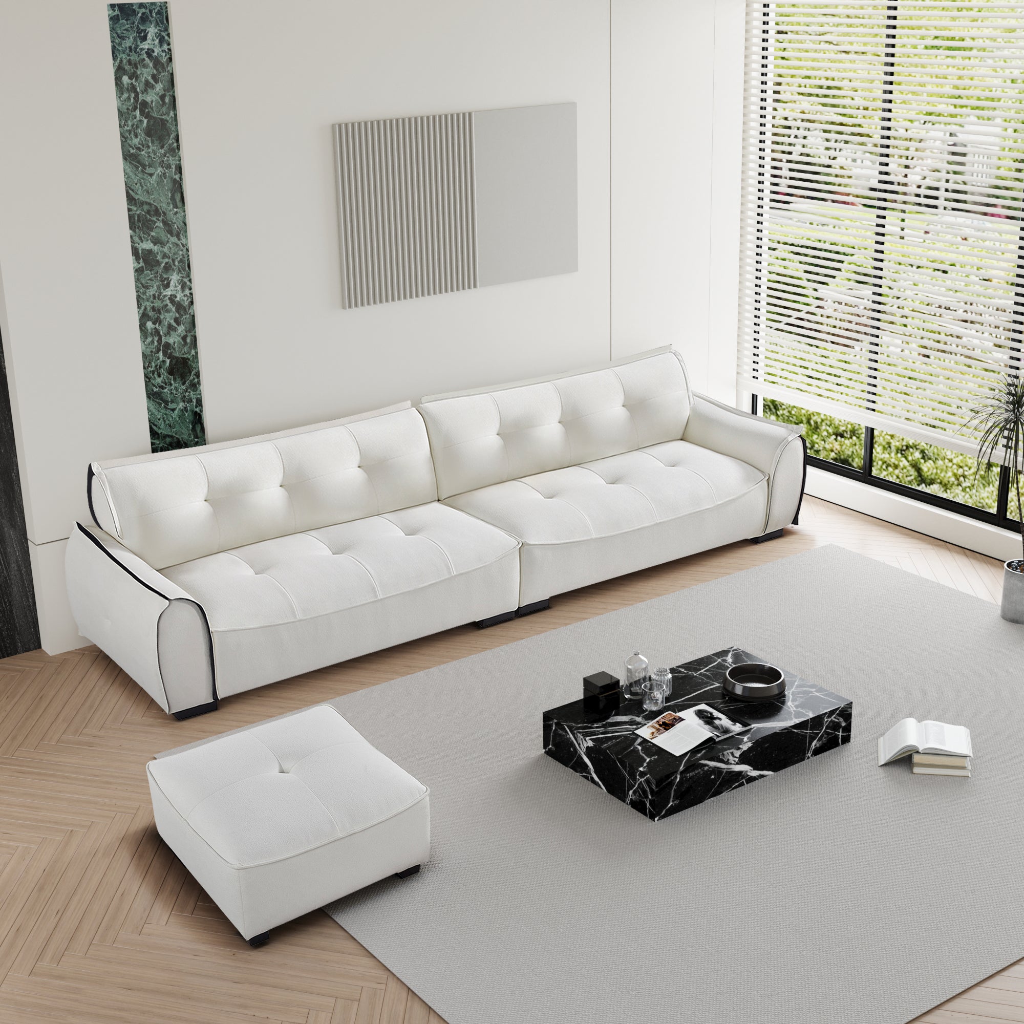 137.80" Chenille Sofa,4 Seater Modern Sofa Couch With Ottoman,Comfy Upholstered Sofa For Living Room White Chenille Wood Eucalyptus Foam 4 Seat