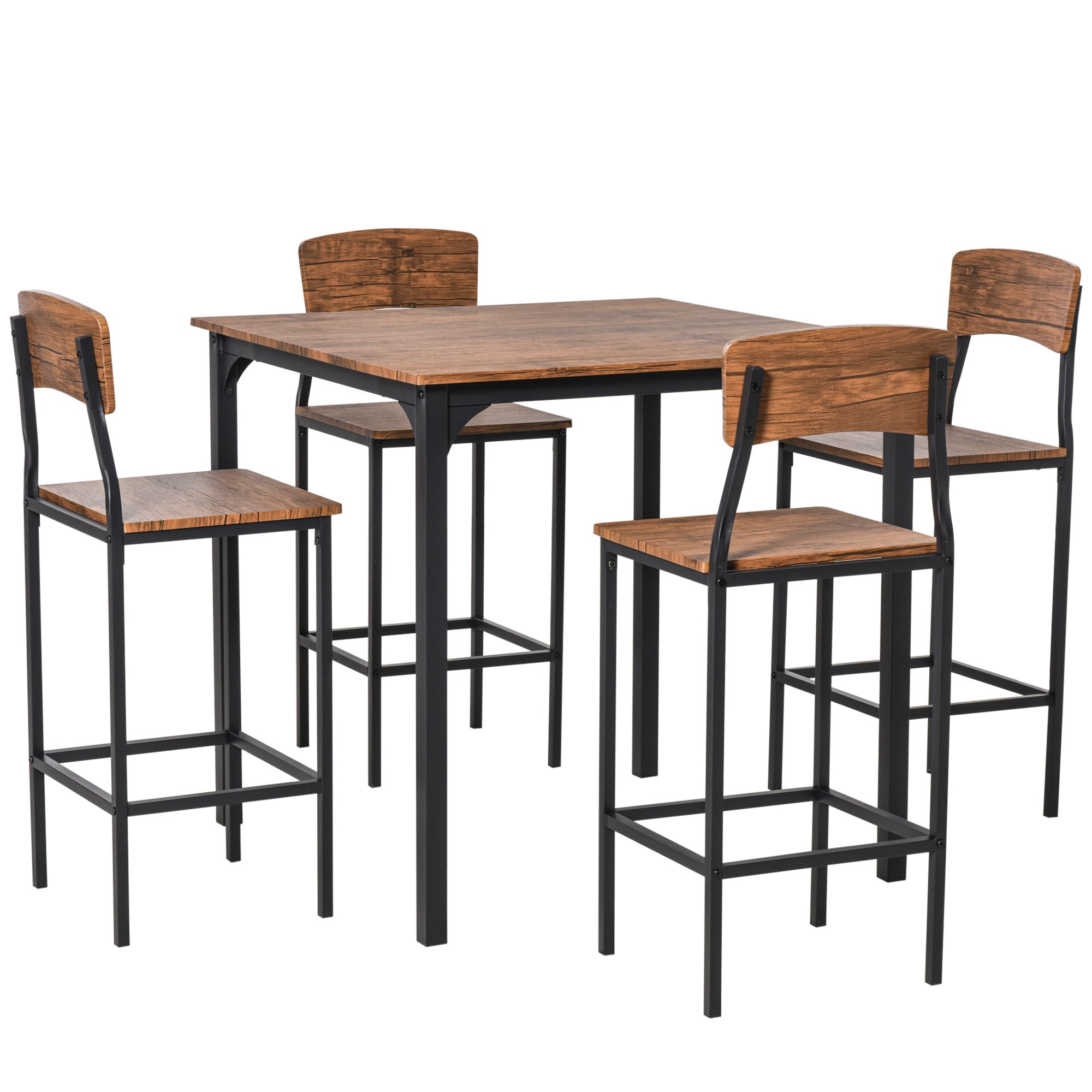 Homcom Counter Height Bar Table Set For 4, Square Kitchen Table And Chairs Set With Footrest, Metal Legs, Industrial Dinner Table Set For 4, Walnut Walnut Mdf